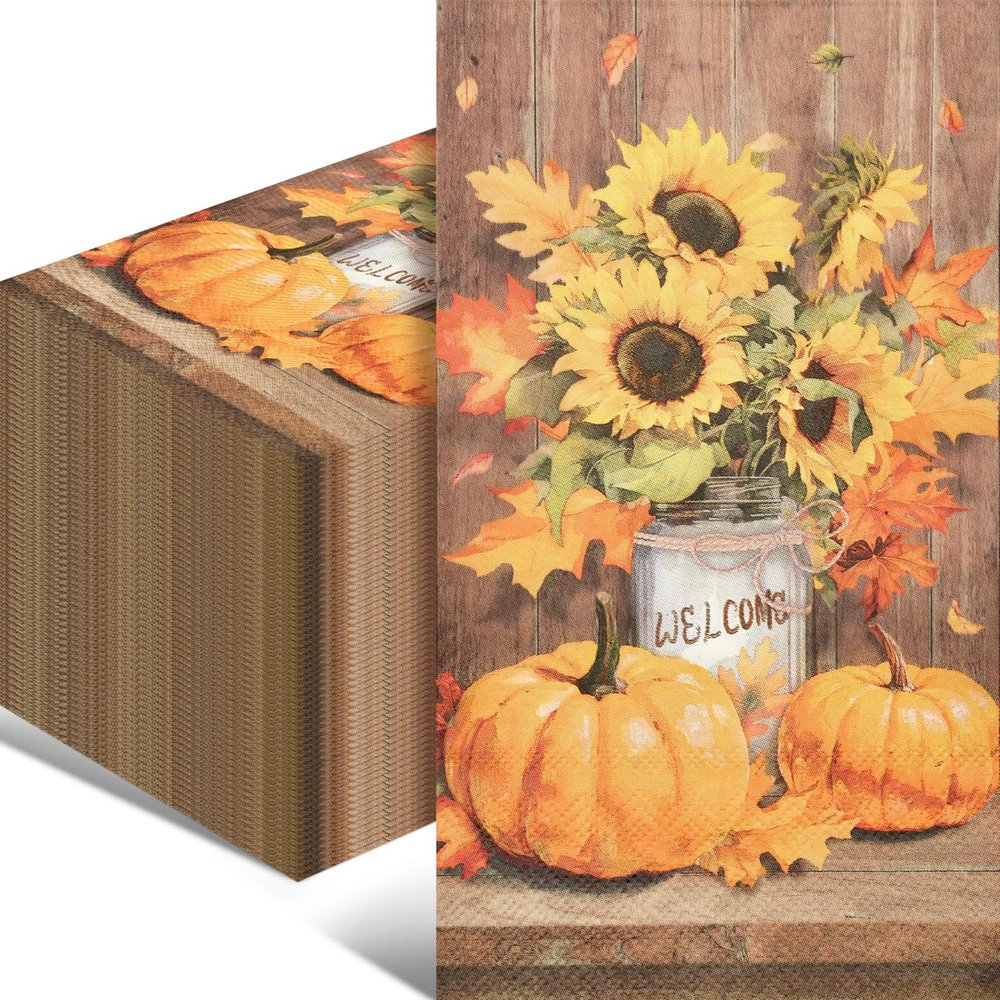 100 Pack Thanksgiving Pumpkin Paper Napkins 13 x 16 Inches Unfolded, Disposable Rustic Sunflower and Fall Leaf Napkins for Autumn Harvest Friendsgiving Thanksgiving Parties Table Decorations