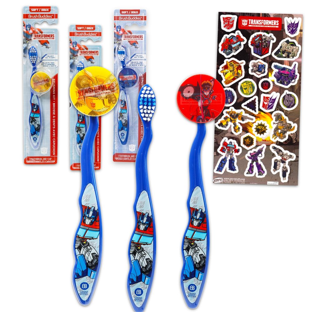 Transformers Toothbrush Set for Kids - Package of 3 Optimus Prime Toothbrushes with Collectible Caps and Stickers for Kids, Boys, Toddlers | Transformers Toothbrush Set