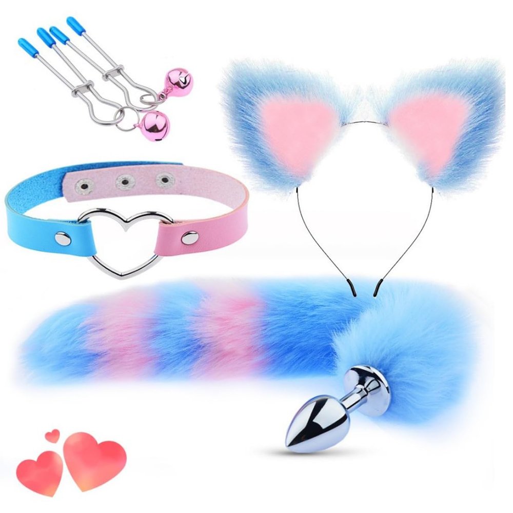 4-Piece Elegant and Cute Blue Plush Interior Fox Set with Blue Leather Necklace, Unique Training Experience - D6-UK