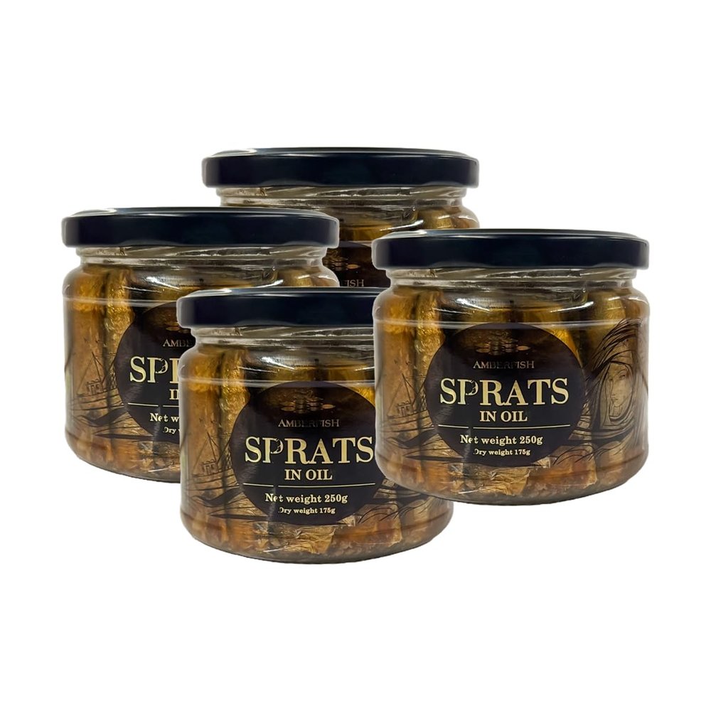 Amberfish Sprats in Oil 250G in Glass Jar Smoked Sprats in Vegetable Oil Ready for Use Sterilized Canned Fish Product of Latvia Pack of 4