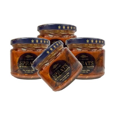Amberfish Sprats in Tomato Sauce 280G in Glass Jar Smoked Sprats in Tomato Sauce Ready for Use Sterilized Canned Fish Product of Latvia Pack of 4