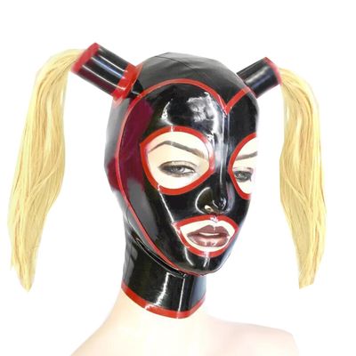 WXLPCGO SM Latex Hood with Open Eyes Double Ponytail Rubber Head Mask Back Zipper Handmade Accessories Cosplay(Size:XL-70CM)