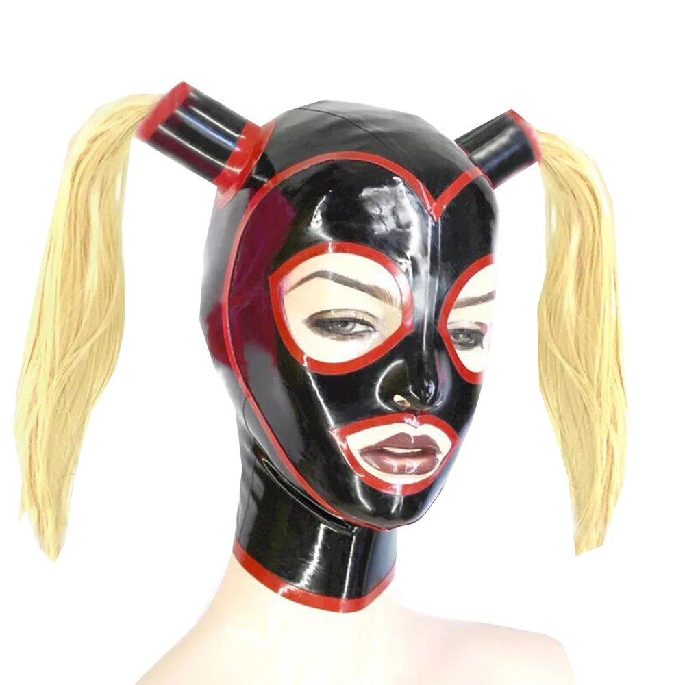 WXLPCGO SM Latex Hood with Open Eyes Double Ponytail Rubber Head Mask Back Zipper Handmade Accessories Cosplay(Size:XL-70CM)