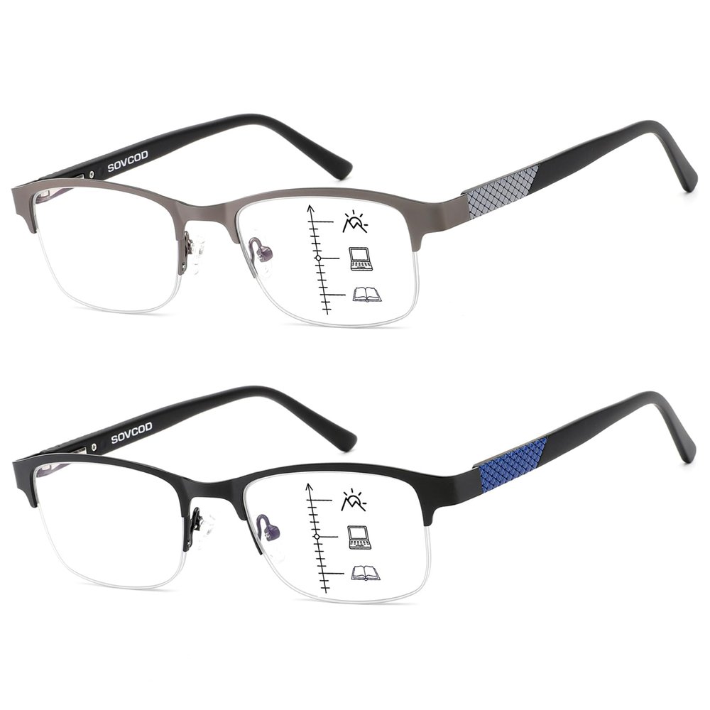 2 Pack Mens Progressive Multifocus Reading Glasses Blue Light Blocking Computer Readers with Spring Hinge Multifocal Eyeglasses (Black & Gunmetal, 1.25, x)