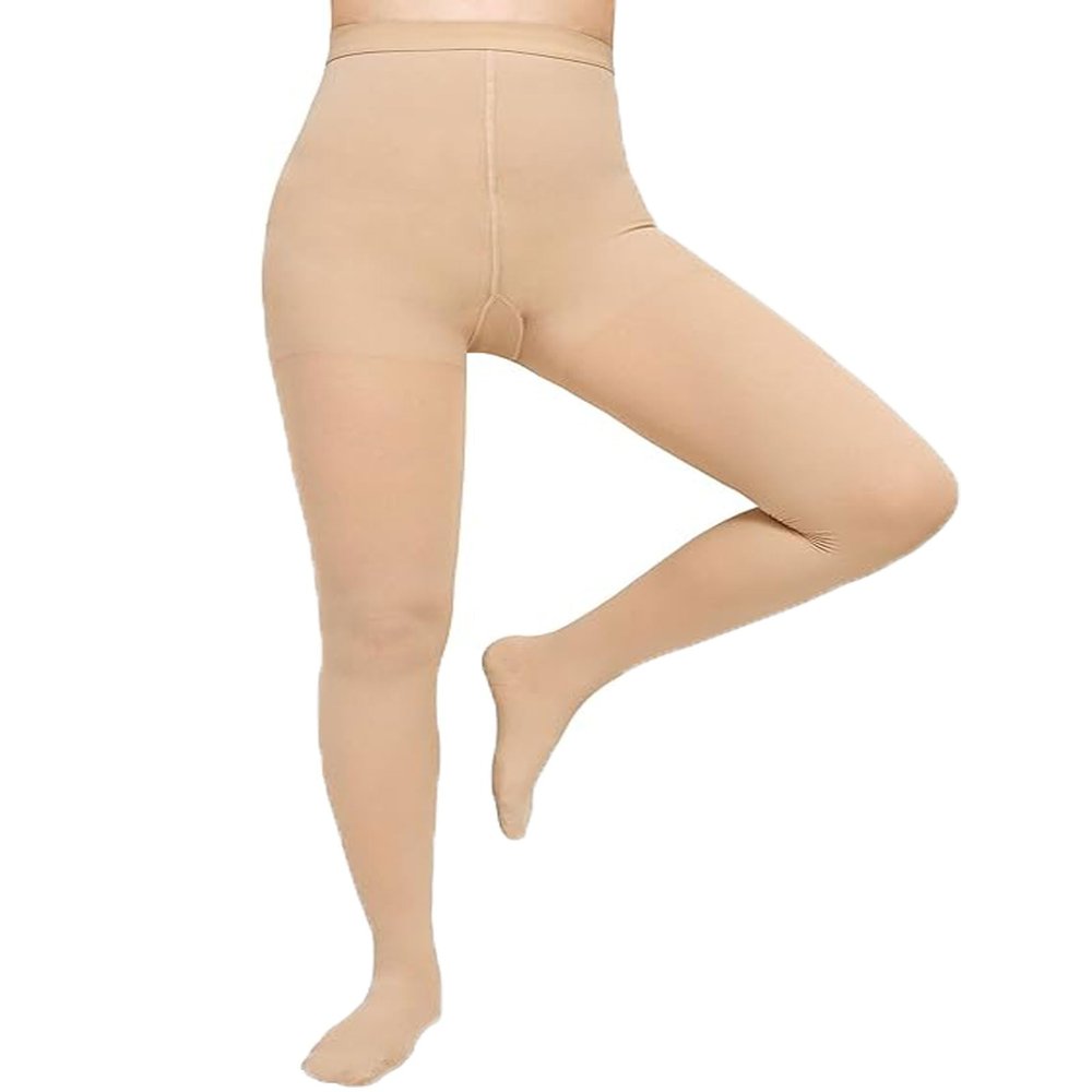 Evolyline Medical Compression Tights for Women & Men, 15-20 mmHg, Closed Toe, Graduated Support, Varicose Veins, Edema, Flight, Nursing, Beige, L