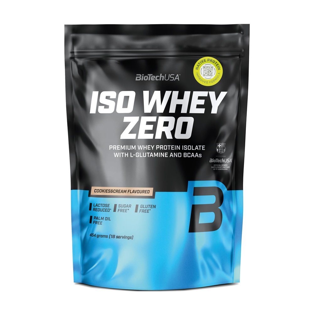 BioTechUSA Iso Whey Zero | Premium Whey Protein Isolate | Grass-Fed | Enzyme-Free | Sugar- and Gluten-Free, 454 g, Cookies & Cream