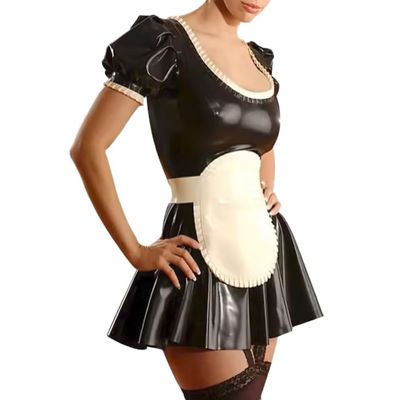 HOUXINQWWP Black and White Short Puff Sleeves French Maid Latex Dress with Apron Rubber Uniform Bodycon,S,Black