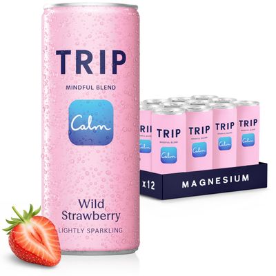 TRIP Wild Strawberry Sparkling Drink with 120MG calming Magnesium + Lions Mane + Chamomile + Lemon Balm. Low Calorie, No Added Sugar and Vegan (Pack of 12 x 250ml)