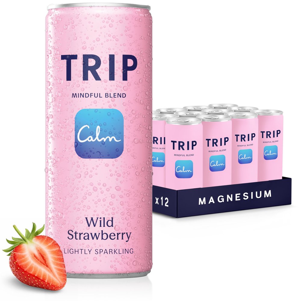 TRIP Wild Strawberry Sparkling Drink with 120MG calming Magnesium + Lions Mane + Chamomile + Lemon Balm. Low Calorie, No Added Sugar and Vegan (Pack of 12 x 250ml)