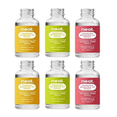 Neat Eco-Friendly Foaming Washing Up & Kitchen Spray Refill Kit Mango & Fig, Grapefruit & Ylang Ylang & Lime & Matcha Scent, Minimal Cleaning Solution for Home (6x 30ml Concentrate Bottles)