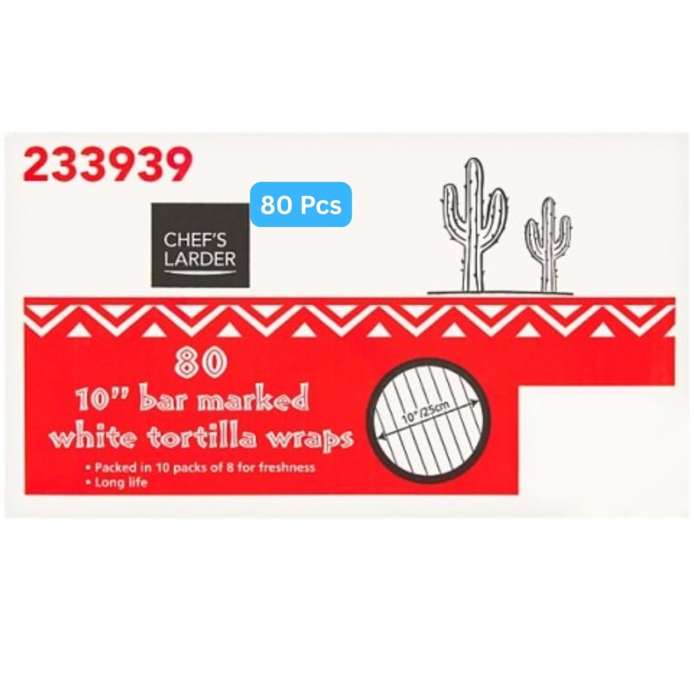 White Tortilla Wraps, 25.4 cm, 80 Pieces, 10 Packs of 8 (80 Tortillas Box)