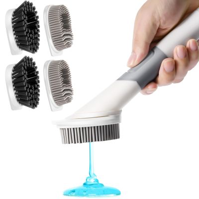Soap Dispensing Dish Brush with 4 Replacement Heads, Kitchen Dish Wand Handle Scrubber Set, Dishwashing Brush Dispenser for Cleaning Dishes