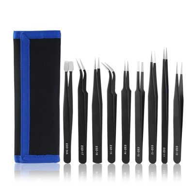 9pcs Antistatic Tweezers Set, Stainless Steel Repair Tools with Storage Bag, for Electronics, Jewelry, Laboratory Work