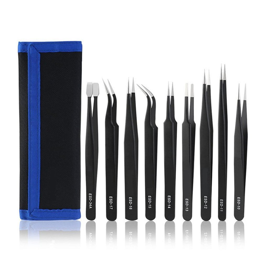 9pcs Antistatic Tweezers Set, Stainless Steel Repair Tools with Storage Bag, for Electronics, Jewelry, Laboratory Work