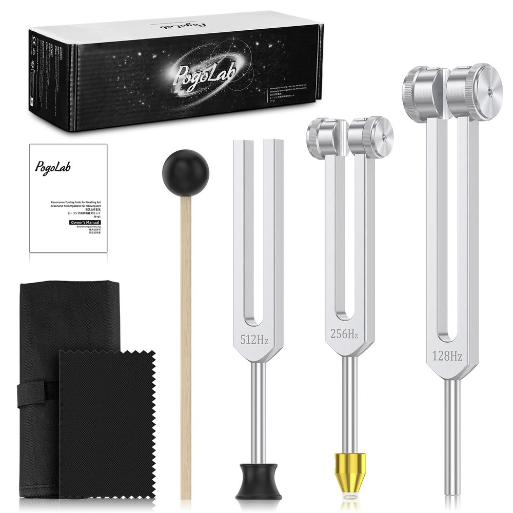 Healing Tuning Fork Set (128Hz, 256Hz, 512Hz) - with Crystal Base for Chakra Adjustment, Sound Healing, Meditation, Yoga, for Spiritual Relaxation