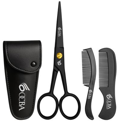 OCBA Beard Scissor Professional Moustache Scissors Ear and Nose Hair Trimming Scissors Stainless Steel, Safety Use for Eyebrows (Black)