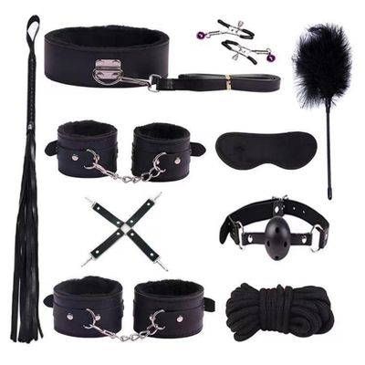 10 Piece Multifunctional Classic Black Soft Leather Plush Lined Fitness Set, Equipped With Leather Eye Mask And Feather Stick - D5