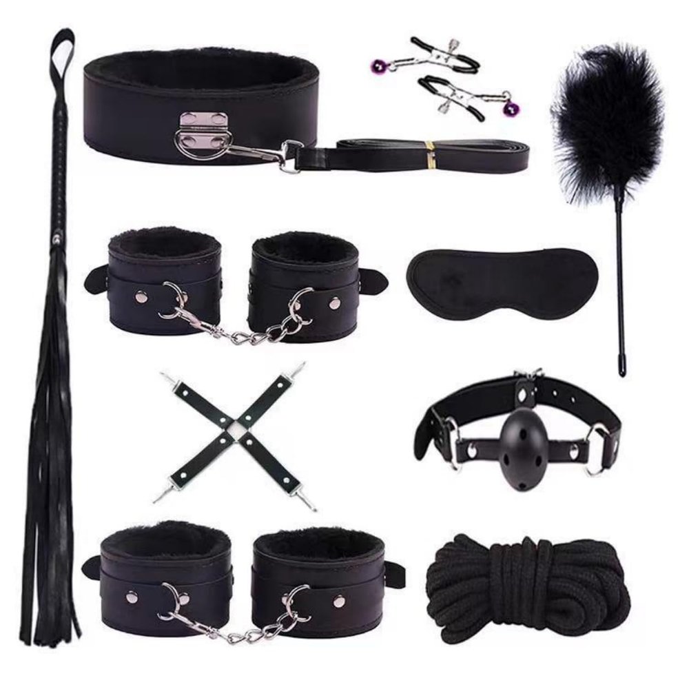 10 Piece Multifunctional Classic Black Soft Leather Plush Lined Fitness Set, Equipped With Leather Eye Mask And Feather Stick - D5