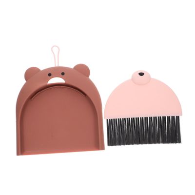 TOPPERFUN Small Dustpan and Brush Set Mini Whisk Broom Plastic Handheld Sweeping Broom for Keyboard Desktop Pet Nest Cleaning Brown Bear Design