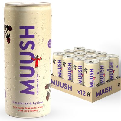 MUUSH Sparkling Drink | Raspberry & Lychee with Lions Mane | Brain Boost, Gut Health, Natural Energy | Low Sugar, Vegan Functional Beverage with Naturally Sweetened | Low Calorie | 12 cans x 250ml