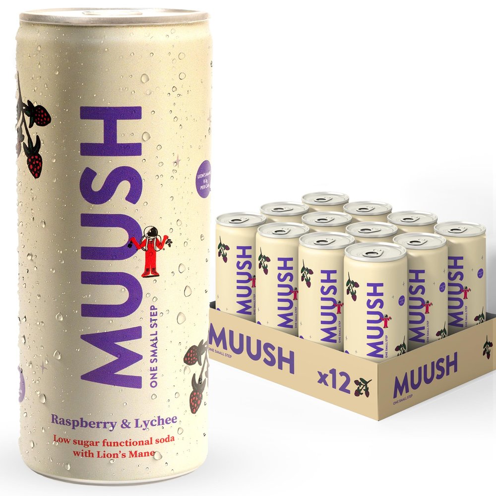 MUUSH Sparkling Drink | Raspberry & Lychee with Lions Mane | Brain Boost, Gut Health, Natural Energy | Low Sugar, Vegan Functional Beverage with Naturally Sweetened | Low Calorie | 12 cans x 250ml