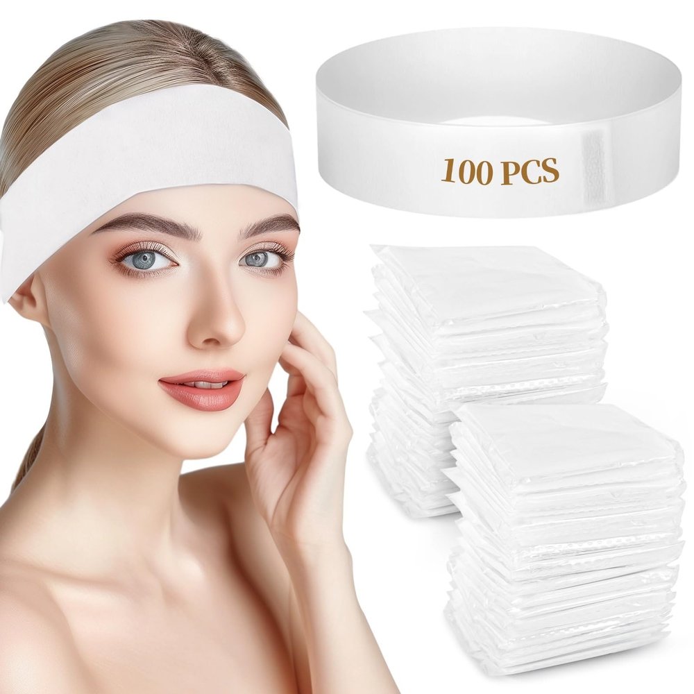 100 Pack Disposable Non-Woven Facial Headbands, Stretchable Headwraps for Skincare, Salon Use, Soft & Secure