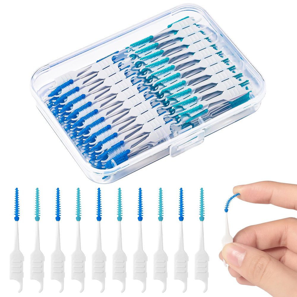 RAYITO 150 Pieces Interdental Brushes, Silicone Dental Brushes 2-in-1 Blue Tooth Floss Picks Teeth Floss Sticks Dental Toothpicks Cleaning Tool for Braces Oral Cleaning(Blue, Green)