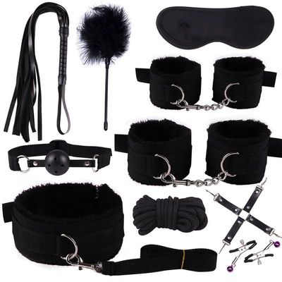 Black Adjustable Soft Leather Hand And Foot Pulling Belt Training Accessories Sex Fuzzy Set For Bedroom Toys 10 Piece Set Combination Set, Comes With Plush Feather Cane - D3-Uk