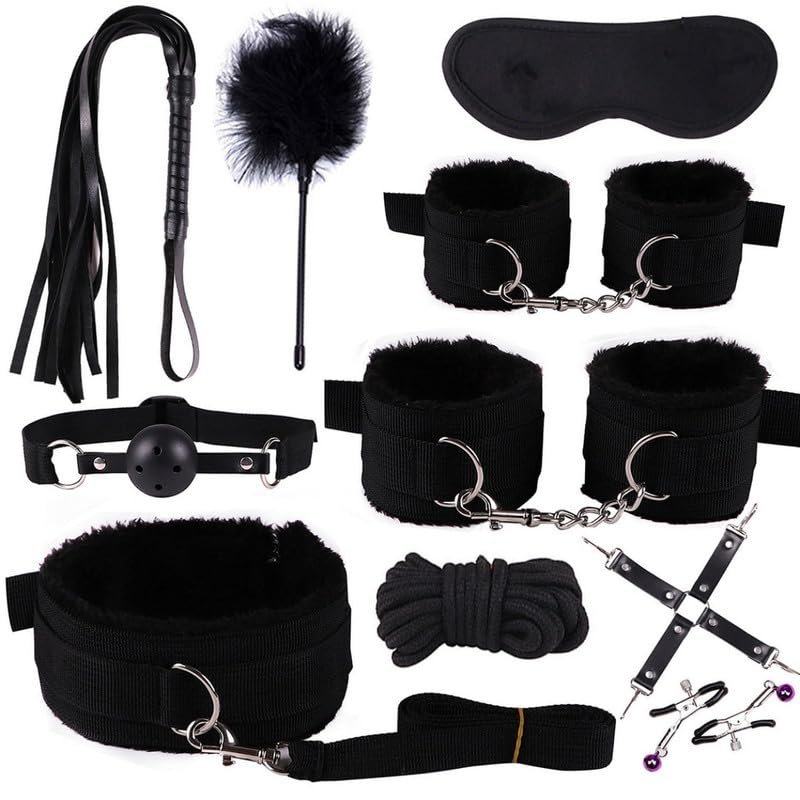 Black Adjustable Soft Leather Hand And Foot Pulling Belt Training Accessories Sex Fuzzy Set For Bedroom Toys 10 Piece Set Combination Set, Comes With Plush Feather Cane - D3-Uk