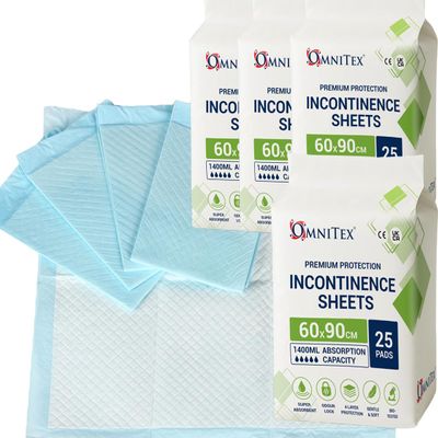 100pk Omnitex 1400ml High Absorption, 60x90cm Disposable Incontinence Bed Pads, Odour Neutralising Soft top with SAP Leak Control, Mattress Protector Sheets, Premium Absorption