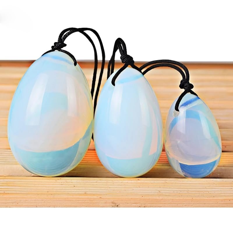 3pcs Egg Set Natural Nephrite Jade Massager,Opalite Jade Eggs for Women Kegel Exercises, Drilled,3 Size Small, Medium, Large