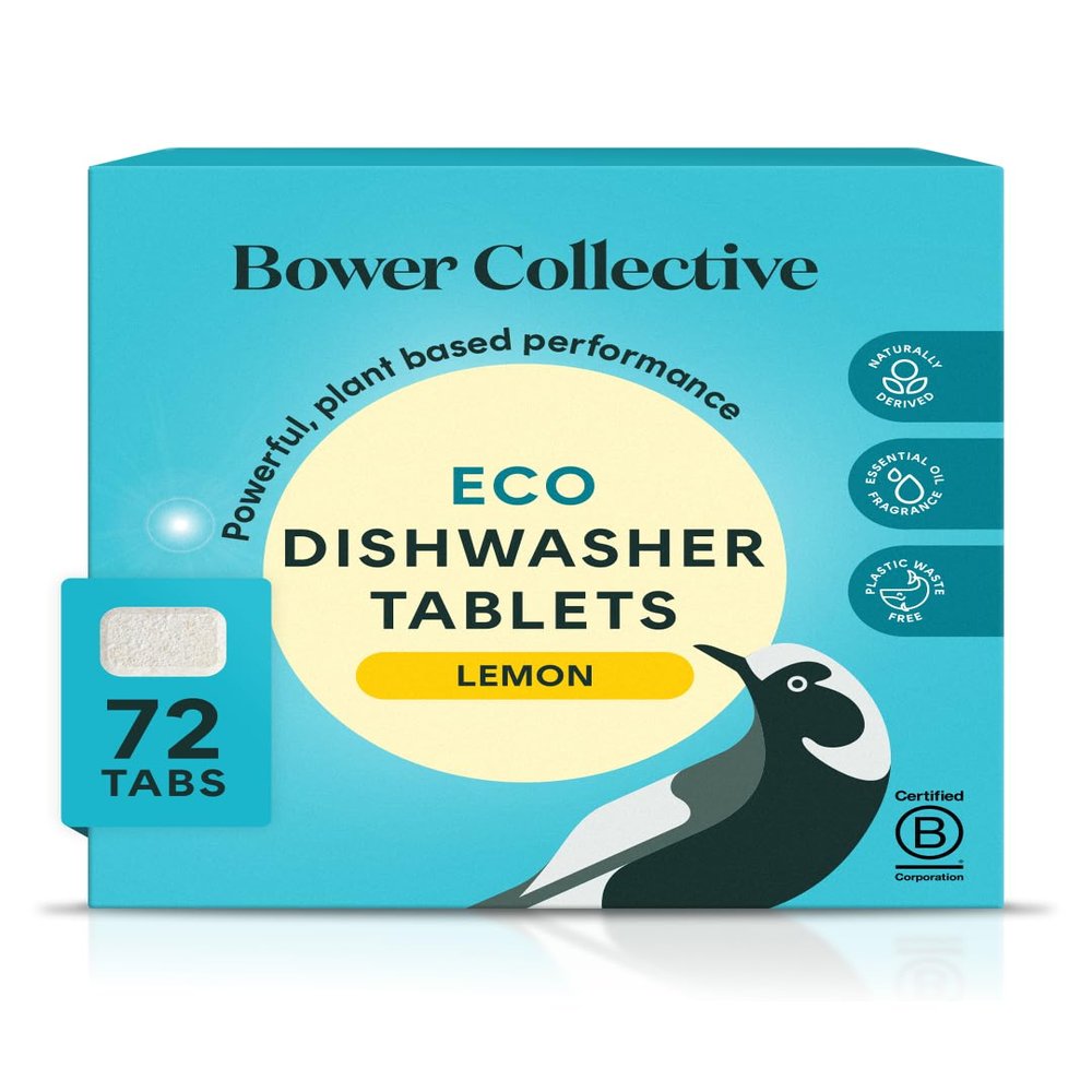 Bower Collective Eco Dishwasher Tablets 72 Pack, Plastic Free Natural Dishwasher Pods, Plant Based, 87% Naturally Derived, Biodegradable Water Soluble Wrapper