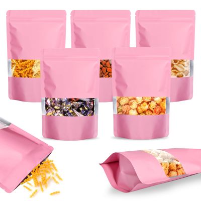100PCS Mylar Bags for Food Storage, Smell Proof Bags Resealable Food Packaging for Small Business Stand Up Pouches with Window, 7" x10", Pink