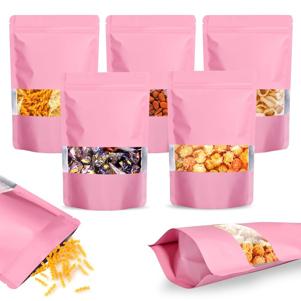 100PCS Mylar Bags for Food Storage, Smell Proof Bags Resealable Food Packaging for Small Business Stand Up Pouches with Window, 7" x10", Pink