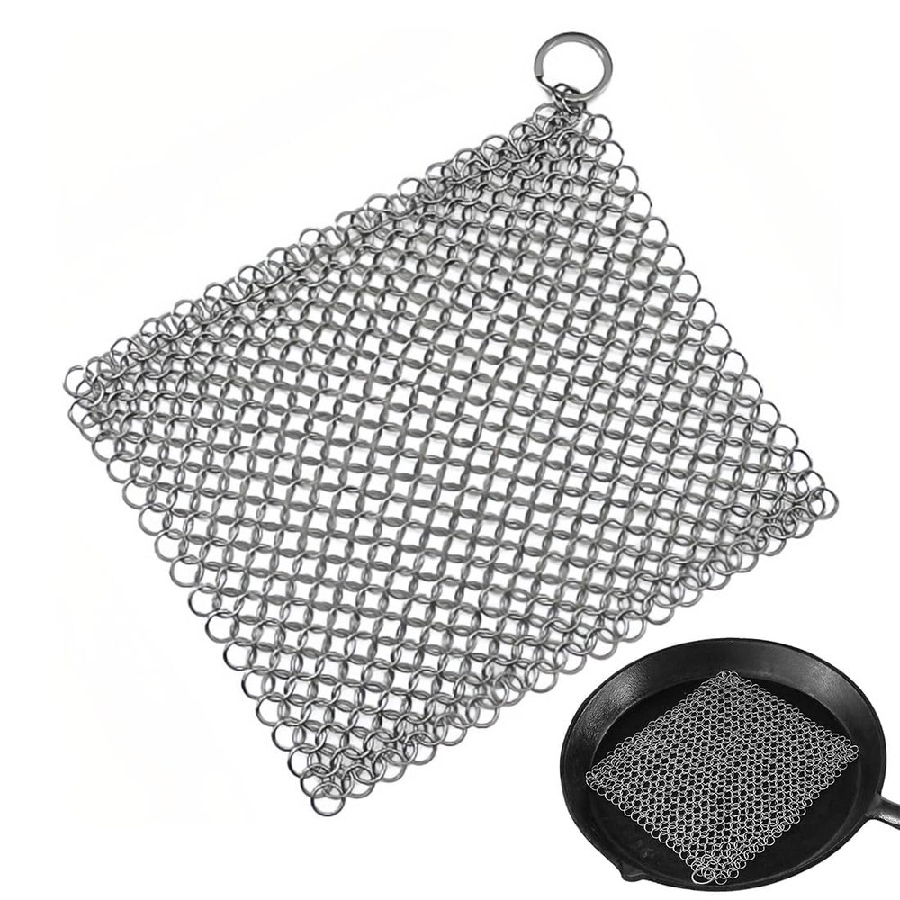 Voarge Cast Iron Cleaner, 17.5 x 17.5 cm Stainless Steel, Chain Scrubber for All Types of Frying Pans, Cast Iron Pans, Grills & Dutch Oven