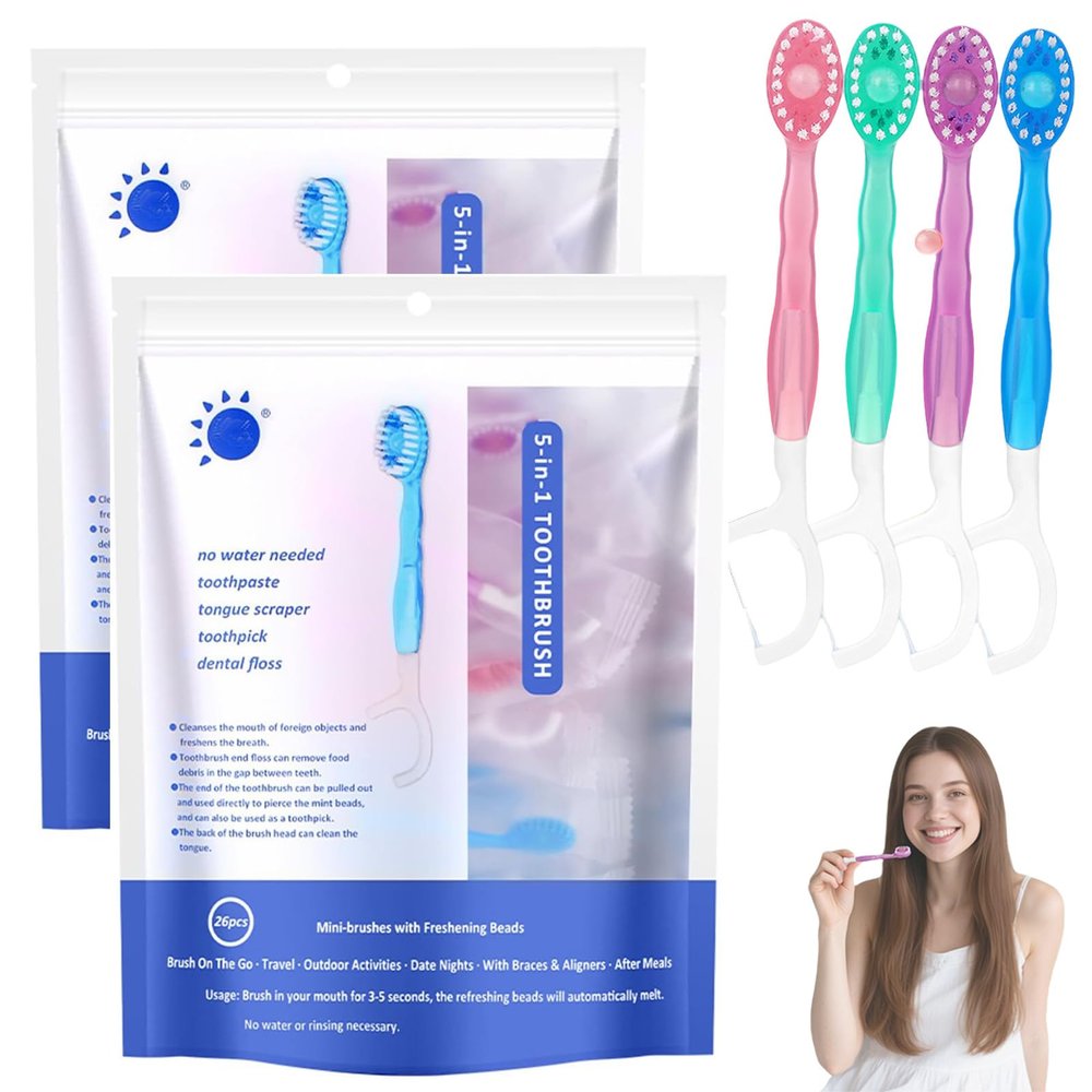 5 in 1 Toothbrush & Floss,2025 New Upgrade 5 in 1 Mini Toothbrush Set,26Pcs mini toothbrushes with Toothpaste, Disposable Travel Toothbrush Toothpaste Set (2 Pack)