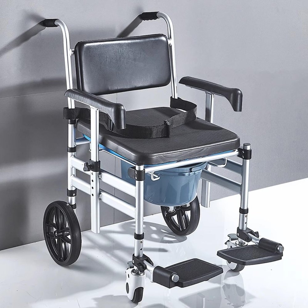 Shower Toilet Chair with Wheels and Foldable Feet, 4-in-1 Chairs with Built-in Toilet, Portable Shower Wheelchair for Elderly, Geriatric Bath Chair