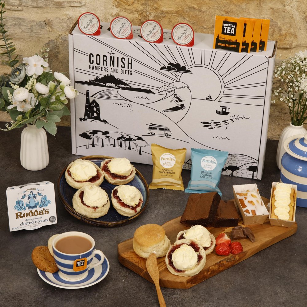 Cornwalll Hampers & Gifts Afternoon Tea Hamper for 4 - Deluxe Tea Set Hamper Gifts for Women Includes Cake, Fresh Scones, Biscuits Birthdays, Anniversaries & Special Occasions