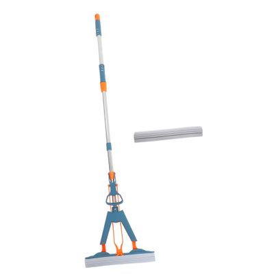 YOSADIER Household Blue Dual Folding Sponge Mop for Wet and Dry Use with Stainless Steel Handle and Strong Wear Resistance, for Cleaning Tile and Wood Floors