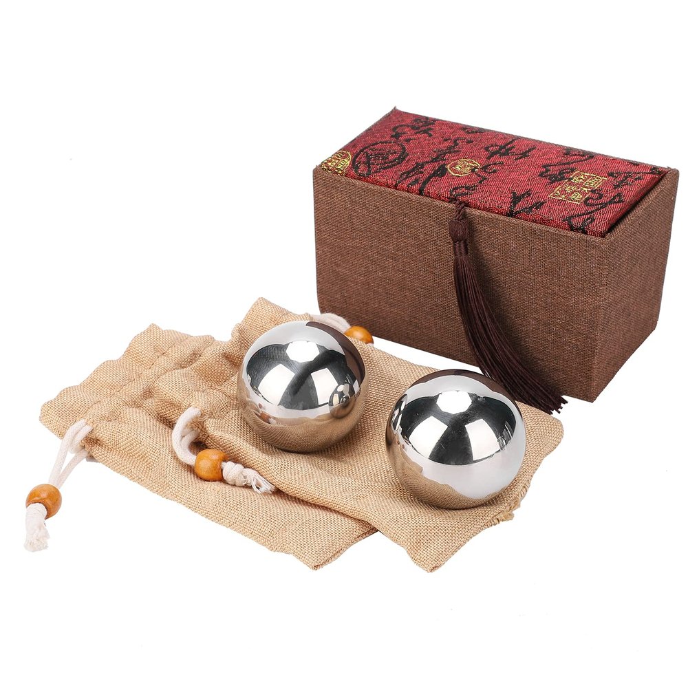 50mm Dia 2Pcs Solid Stainless Steel Hand Ball Fitness Exercise Massage Tool, Strength Training Shiny Durable Anti- Health Massage Equipment for Men with