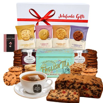 Breakfast Tea Gift Set English Tea Tin,Jam,Fruit cake & Multipack Biscuits Individually Wrapped Treat Customers, Guests, Visitor, British Biscuits Gift Set Hampers Food Gifts (Tea Hamper 2)