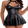 AIEOE Wetlooks Women's Mini Dress Faux Leather Lingerie Sets Rave Outfits Backless Clubwear L Black view 1