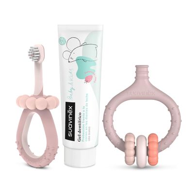 Suavinex, Dental Care Starter Set, Includes: Baby Toothbrush + Gum Massager + Baby Toothpaste, for Gifts, Ergonomic Handles, Daily Use, +0 Months, Pink