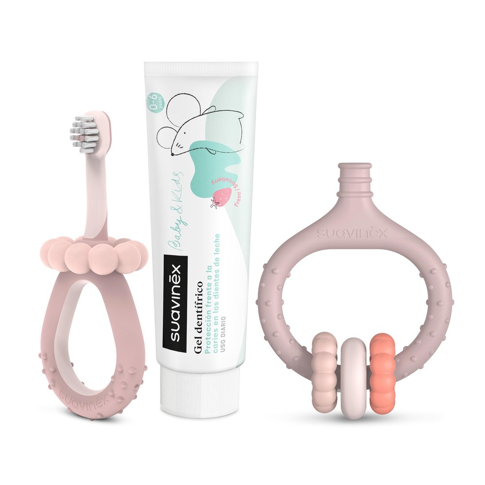 Suavinex, Dental Care Starter Set, Includes: Baby Toothbrush + Gum Massager + Baby Toothpaste, for Gifts, Ergonomic Handles, Daily Use, +0 Months, Pink
