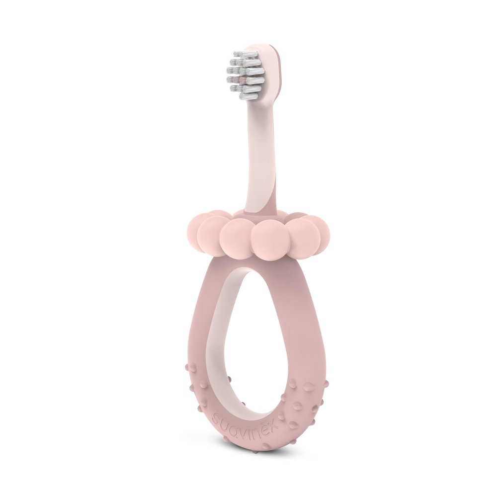 Suavinex, Toothbrush for Babies from 0 to 2 Years, Super Soft Bristles, Ideal Sensitive Gums, Ergonomic Handle, Textured and Non-Slip, Removable Safety Stopper, Lingual Scraper, Pink