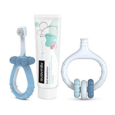Suavinex, Dental Care Starter Set, Includes: Baby Toothbrush + Gum Massager + Baby Toothpaste, for Gifts, Ergonomic Handles, Daily Use, +0 Months, Blue
