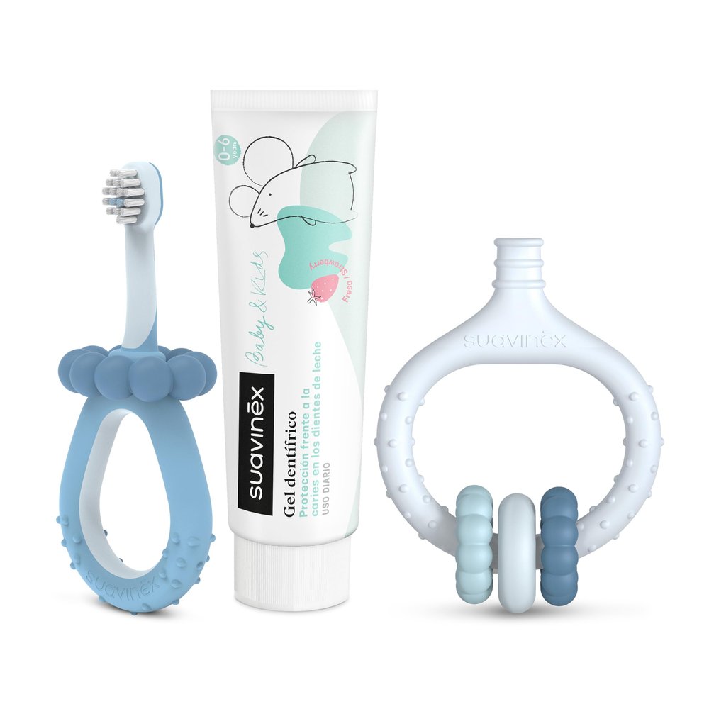 Suavinex, Dental Care Starter Set, Includes: Baby Toothbrush + Gum Massager + Baby Toothpaste, for Gifts, Ergonomic Handles, Daily Use, +0 Months, Blue