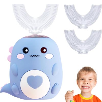 360 Kids Ultrasonic Toothbrush, Toothbrush with 2 U Shaped Silicone Brush Heads, Dino Electric Tooth Brush, LED Light & Dino Look, Toothbrushes - Built for Kids (Blue, S)