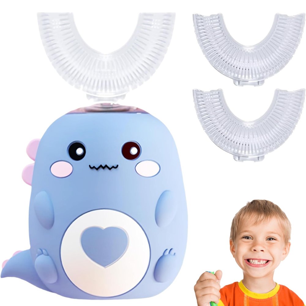 360 Kids Ultrasonic Toothbrush, Toothbrush with 2 U Shaped Silicone Brush Heads, Dino Electric Tooth Brush, LED Light & Dino Look, Toothbrushes - Built for Kids (Blue, S)