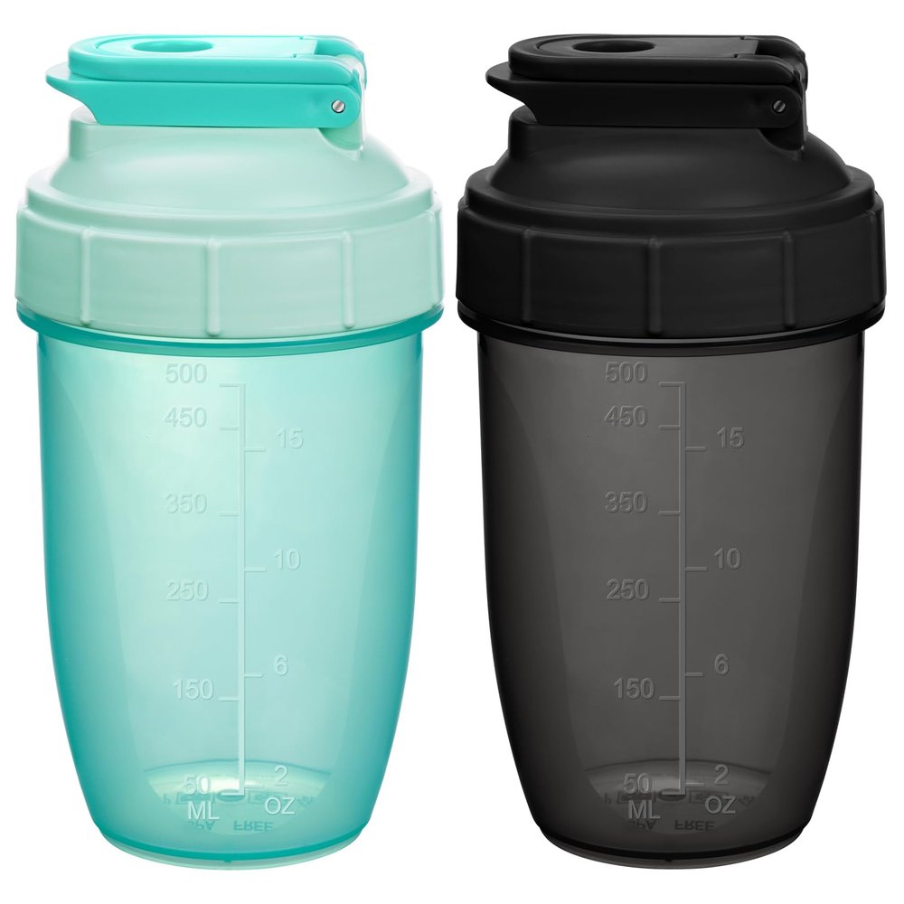 Alaoo Protein Shaker Bottle, 2PCS Shaker Protein Shakes with Metal Stirring Ball, Sports Gym Supplement Protein Shake Bottle for Mixing Protein Shakes and Supplements, 500ml, Black and Green